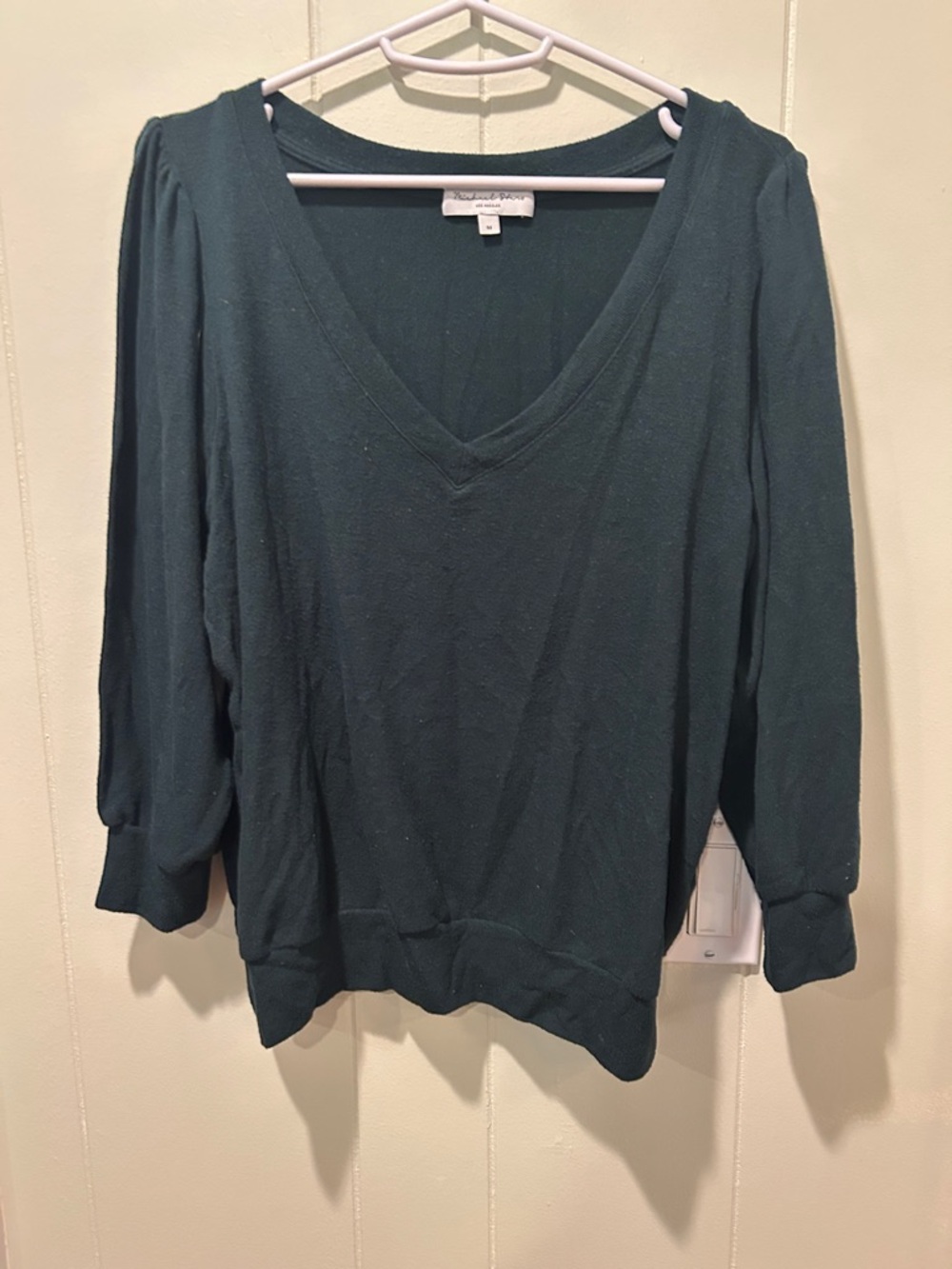 Michael Stars Deep Green V-Neck Puff 3/4 Sleeve Sweater